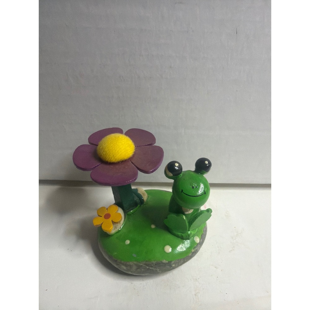 Hand Painted Frog on Rock Figurine Purple Flower Garden Decor Folk Art Sculpture